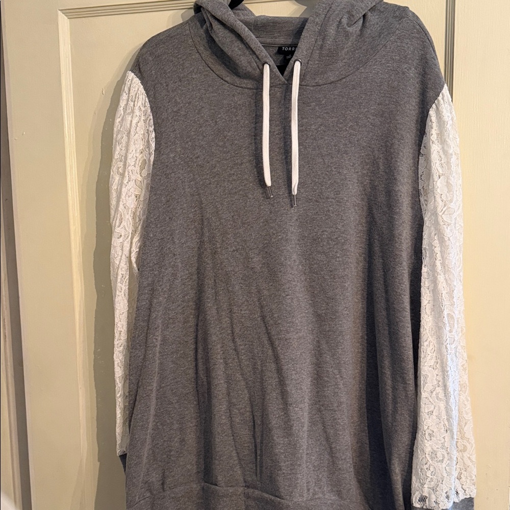Torrid Gray and White Lace Sleeve Hoodie